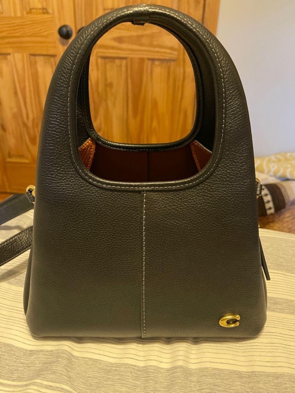 Coach Black Pebbled Leather Shoulder Tote with Gold Accent